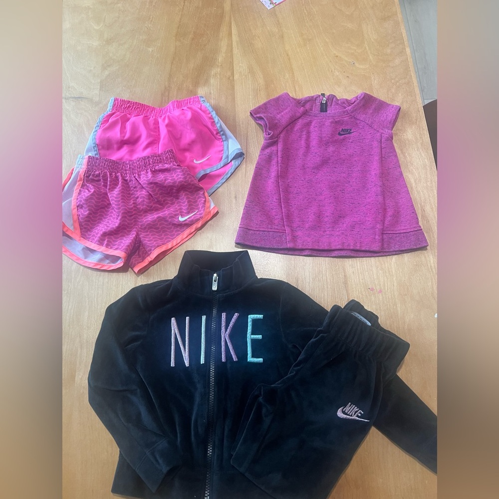 Nike toddler lot of shorts, top, and velour suit